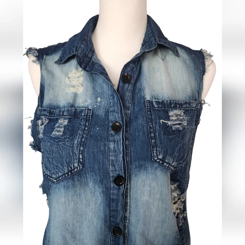Thrill Jeans Sleeveless Denim Distressed Collared Top Shirt Blouse High Low Sz M - Picture 2 of 14